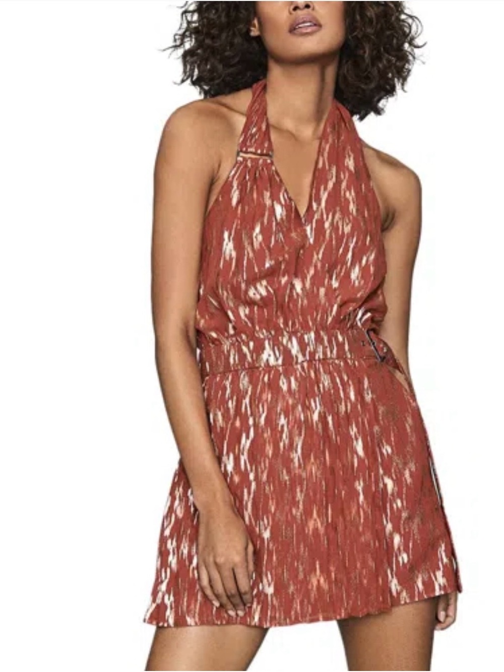 Reiss Rust Halter Ikat-Print Mini Dress